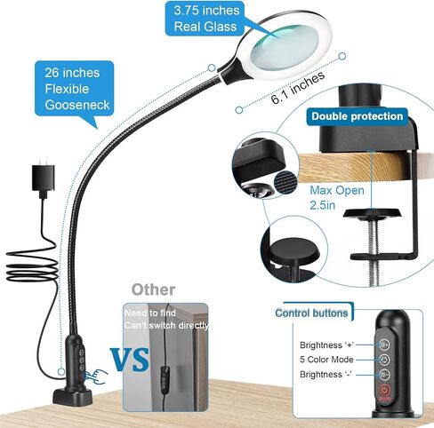 26" Gooseneck Magnifying Lamp with Clamp, 5 Color Modes Stepless Dimmable LED Desk Light with Magnifying Glass, 8X Real Glass Lighted Magnifier Hands Free for Painting Close Work Craft Hobby in Saudi Arabia