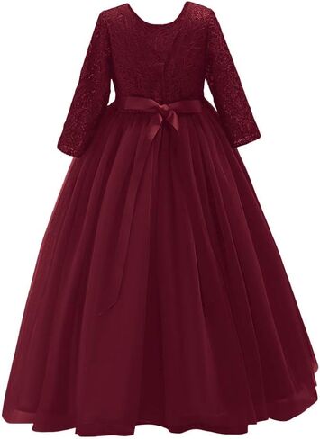 Flower Girls 3/4 Sleeve Deep V-Back Tulle Vintage Lace Wedding Party Long Dress Princess Communion Pageant Maxi Gown in Kuwait