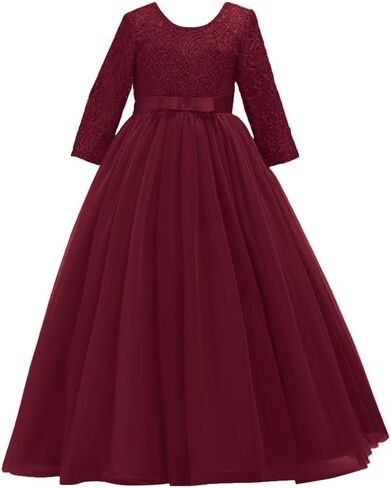 Flower Girls 3/4 Sleeve Deep V-Back Tulle Vintage Lace Wedding Party Long Dress Princess Communion Pageant Maxi Gown in Kuwait