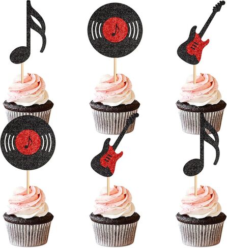 Ercadio 24 PCS Music Cupcake Topcake Topcake Glitter Guitar Rock Cupcake تختار CD Cupcake Decorations لموضوع الروك آند رول استحمام الطفل الأطفال. in Kuwait