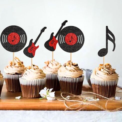 Ercadio 24 PCS Music Cupcake Topcake Topcake Glitter Guitar Rock Cupcake تختار CD Cupcake Decorations لموضوع الروك آند رول استحمام الطفل الأطفال. in Kuwait