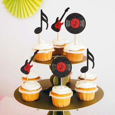 Ercadio 24 PCS Music Cupcake Topcake Topcake Glitter Guitar Rock Cupcake تختار CD Cupcake Decorations لموضوع الروك آند رول استحمام الطفل الأطفال. in Kuwait