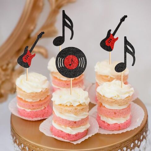 Ercadio 24 PCS Music Cupcake Topcake Topcake Glitter Guitar Rock Cupcake تختار CD Cupcake Decorations لموضوع الروك آند رول استحمام الطفل الأطفال. in Kuwait