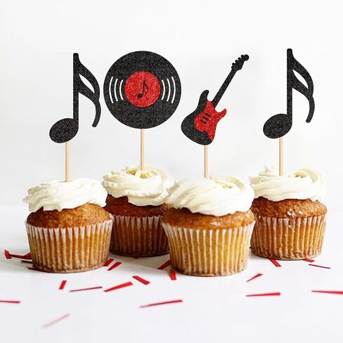 Ercadio 24 PCS Music Cupcake Topcake Topcake Glitter Guitar Rock Cupcake تختار CD Cupcake Decorations لموضوع الروك آند رول استحمام الطفل الأطفال. in Kuwait