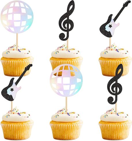 Ercadio 24 PCS Music Cupcake Topcake Topcake Glitter Guitar Rock Cupcake تختار CD Cupcake Decorations لموضوع الروك آند رول استحمام الطفل الأطفال. in Kuwait