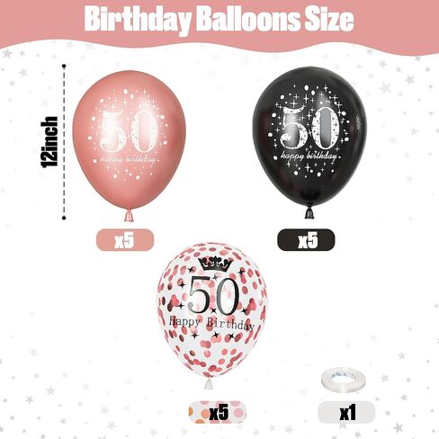 50th Birthday Decorations for Women, Pack of 15 Happy 50th Birthday Balloons Black Rose Gold Confetti Latex Helium Balloons for Her Age 50 Years Old 50th Birthday Party Decor Celebration Supplies in Saudi Arabia