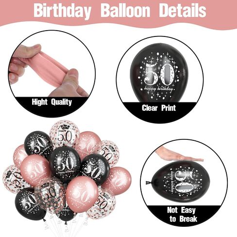 50th Birthday Decorations for Women, Pack of 15 Happy 50th Birthday Balloons Black Rose Gold Confetti Latex Helium Balloons for Her Age 50 Years Old 50th Birthday Party Decor Celebration Supplies in Saudi Arabia