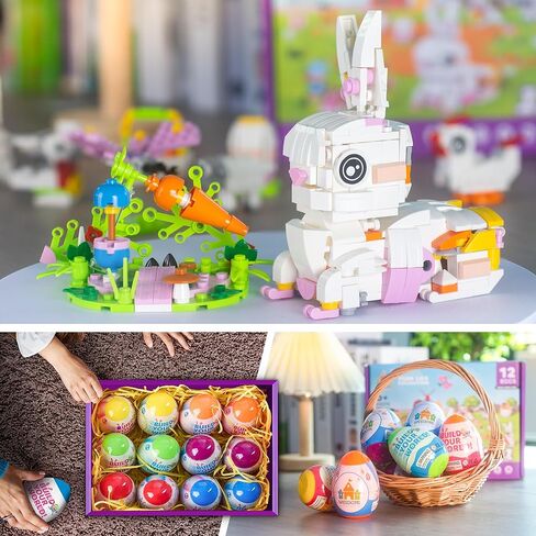 Easter Bunny Building Toy Set, Easter Gifts for Kids - 12-in-1 Rabbit Building Block with Prefilled Eggs, Includes Chick, Sheep, Carrot, Flower, Easter Basket Stuffers & Decorations for Boys Girls 6+ in Kuwait