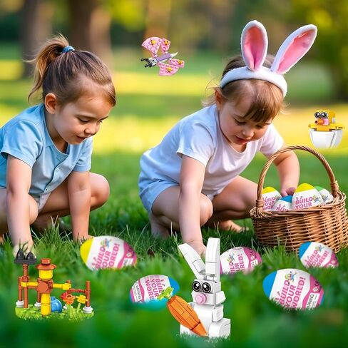 Easter Bunny Building Toy Set, Easter Gifts for Kids - 12-in-1 Rabbit Building Block with Prefilled Eggs, Includes Chick, Sheep, Carrot, Flower, Easter Basket Stuffers & Decorations for Boys Girls 6+ in Kuwait
