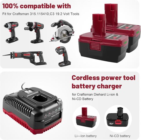 11098 19.2V 6Ah Replacement 140152004 Lithium & NiCd Battery Charger Combo Compatible with Craftsman 315.CH2030, 315.CH2021, 315.PP2011, 1425301, 130279005, 1323903, 11375, 11376 in Kuwait