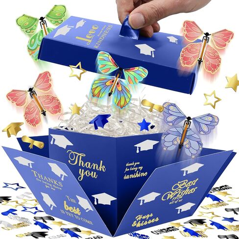 Graduation Flying Butterfly Fantasy Explosion Box, Congrats Grad Surprise Exploding Box with 5 Pcs Butterflies Toy for Graduate Party DIY Decoration, Green&Gold (Blue&Gold) in Saudi Arabia