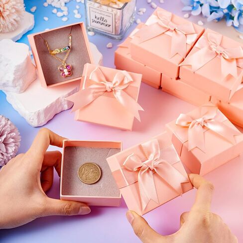 12pcs Small Gift Boxes Small Jewelry Box 3x3x1.6 Inch Jewelry Gift Boxes Bulk Square Small Jewelry Gift Box with Bowknot for Necklace Ring Earring Bracelet (Pink-Pink Bow) in Kuwait