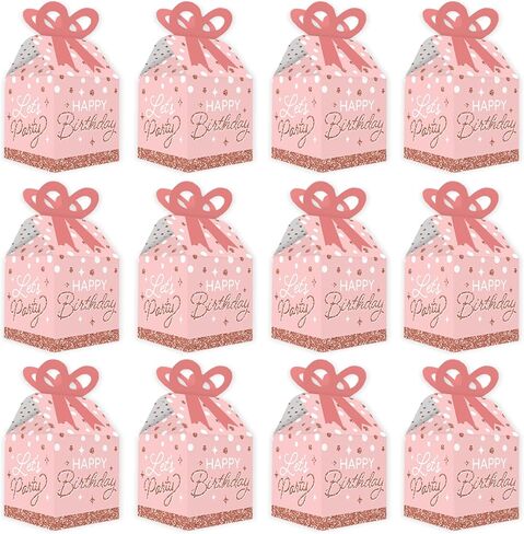 Big Dot of Happiness Pink Rose Gold Birthday - Square Favor Gift Boxes - Happy Birthday Party Bow Boxes - Set of 12 in Saudi Arabia