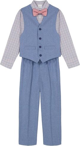 Van Heusen Boys' 4-Piece Formal Suit Set, Vest, Pants, Collared Dress Shirt, and Tie, Dark Blue in Kuwait