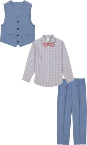 Van Heusen Boys' 4-Piece Formal Suit Set, Vest, Pants, Collared Dress Shirt, and Tie, Dark Blue in Kuwait