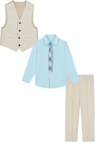 Van Heusen Boys' 4-Piece Formal Suit Set, Vest, Pants, Collared Dress Shirt, and Tie, Dark Blue in Kuwait