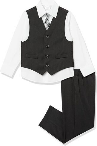 Van Heusen Boys' 4-Piece Formal Suit Set, Vest, Pants, Collared Dress Shirt, and Tie, Dark Blue in Kuwait
