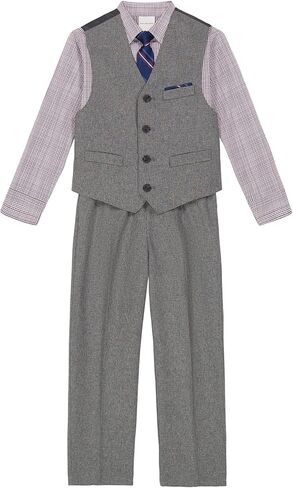 Van Heusen Boys' 4-Piece Formal Suit Set, Vest, Pants, Collared Dress Shirt, and Tie, Dark Blue in Kuwait