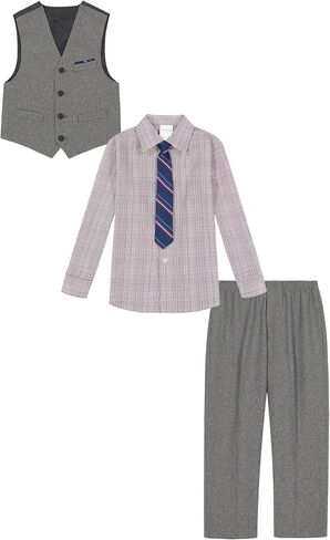 Van Heusen Boys' 4-Piece Formal Suit Set, Vest, Pants, Collared Dress Shirt, and Tie, Dark Blue in Kuwait