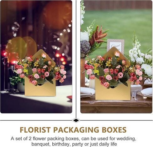 EXCEART 2Pcs Golden Flower Envelopes, Bouquet Storage Boxes, Classic Style Florist Packaging, 11.61x7.87x2.75inch, for Weddings, Parties in Saudi Arabia