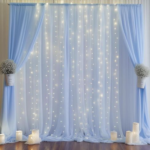 10ft x 10ft Ivory Chiffon Backdrop Curtain with Lights String for Parites Wedding Wrinkle Free Curtain Photo Backdrops Drapes for Baby Shower Birthday Party Home Decorations in Kuwait