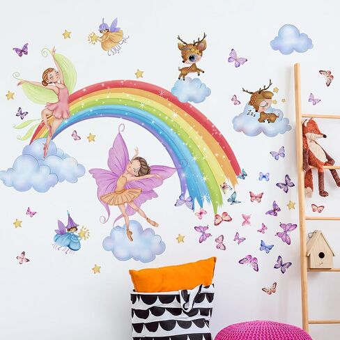 Removable Rainbow Clouds Wall Stickers DIY Peel and Stick Woodland Animals Wall Decals Watercolor Rainbow Animals Wall Mural for Kids Nursery Classroom Bedroom Living Room Background Wall in Saudi Arabia