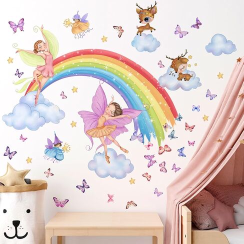 Removable Rainbow Clouds Wall Stickers DIY Peel and Stick Woodland Animals Wall Decals Watercolor Rainbow Animals Wall Mural for Kids Nursery Classroom Bedroom Living Room Background Wall in Saudi Arabia