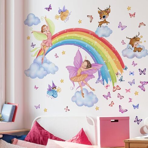 Removable Rainbow Clouds Wall Stickers DIY Peel and Stick Woodland Animals Wall Decals Watercolor Rainbow Animals Wall Mural for Kids Nursery Classroom Bedroom Living Room Background Wall in Saudi Arabia