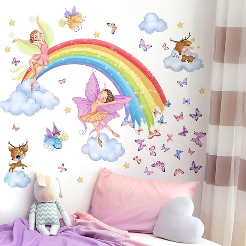 Removable Rainbow Clouds Wall Stickers DIY Peel and Stick Woodland Animals Wall Decals Watercolor Rainbow Animals Wall Mural for Kids Nursery Classroom Bedroom Living Room Background Wall in Saudi Arabia