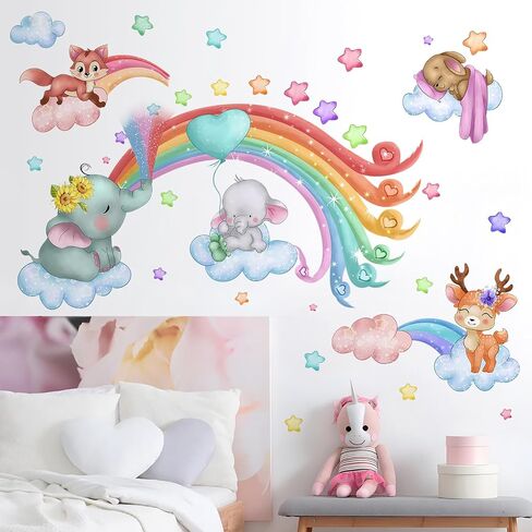 Removable Rainbow Clouds Wall Stickers DIY Peel and Stick Woodland Animals Wall Decals Watercolor Rainbow Animals Wall Mural for Kids Nursery Classroom Bedroom Living Room Background Wall in Saudi Arabia