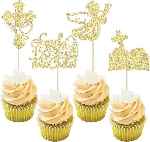 24Pcs Gold Glitter Baptism Cupcake Toppers God Bless This Child Cake Toppers Cross Cupcake Picks First Communion Newborn Baby Shower Party Decorations in Kuwait