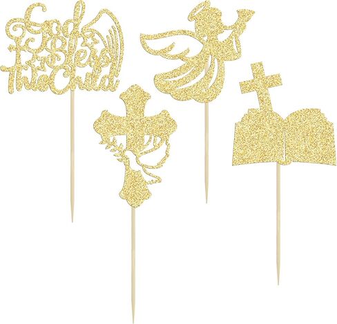 24Pcs Gold Glitter Baptism Cupcake Toppers God Bless This Child Cake Toppers Cross Cupcake Picks First Communion Newborn Baby Shower Party Decorations in Kuwait