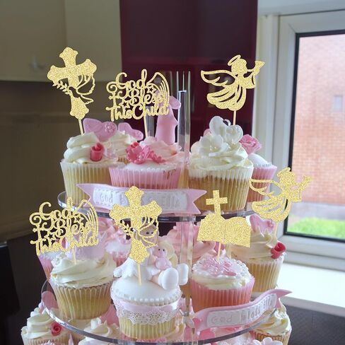 24Pcs Gold Glitter Baptism Cupcake Toppers God Bless This Child Cake Toppers Cross Cupcake Picks First Communion Newborn Baby Shower Party Decorations in Kuwait