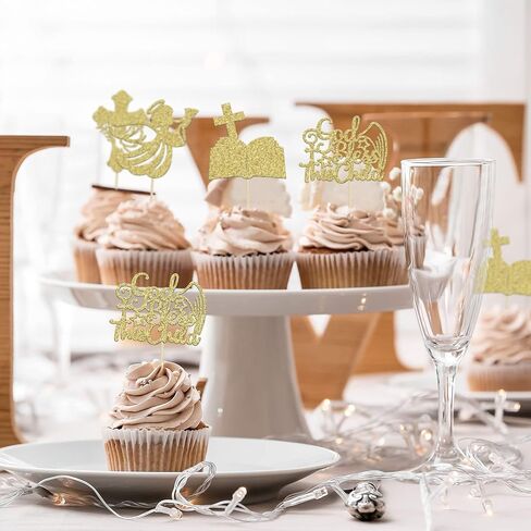 24Pcs Gold Glitter Baptism Cupcake Toppers God Bless This Child Cake Toppers Cross Cupcake Picks First Communion Newborn Baby Shower Party Decorations in Kuwait
