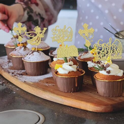 24Pcs Gold Glitter Baptism Cupcake Toppers God Bless This Child Cake Toppers Cross Cupcake Picks First Communion Newborn Baby Shower Party Decorations in Kuwait