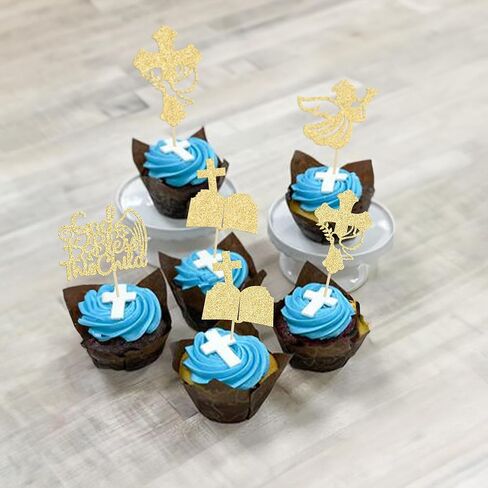 24Pcs Gold Glitter Baptism Cupcake Toppers God Bless This Child Cake Toppers Cross Cupcake Picks First Communion Newborn Baby Shower Party Decorations in Kuwait