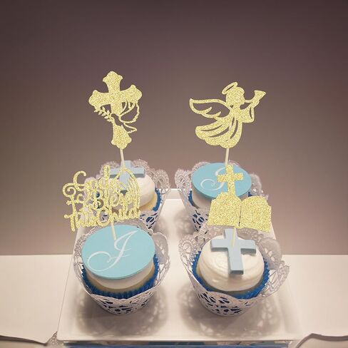 24Pcs Gold Glitter Baptism Cupcake Toppers God Bless This Child Cake Toppers Cross Cupcake Picks First Communion Newborn Baby Shower Party Decorations in Kuwait