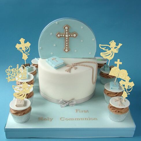 24Pcs Gold Glitter Baptism Cupcake Toppers God Bless This Child Cake Toppers Cross Cupcake Picks First Communion Newborn Baby Shower Party Decorations in Kuwait