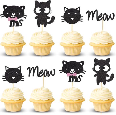 24pcs Cat Cupcake Toppers Hitten & Meow Cupcake Picks - Cat Lover Hitten theme Baby Shower Kids Birthday Party Party Cake Decorations - Black Glitter in Kuwait