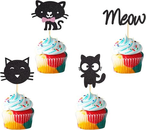 24pcs Cat Cupcake Toppers Hitten & Meow Cupcake Picks - Cat Lover Hitten theme Baby Shower Kids Birthday Party Party Cake Decorations - Black Glitter in Kuwait
