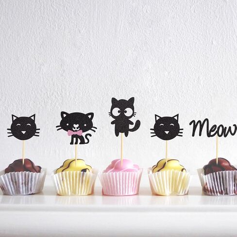 24pcs Cat Cupcake Toppers Hitten & Meow Cupcake Picks - Cat Lover Hitten theme Baby Shower Kids Birthday Party Party Cake Decorations - Black Glitter in Kuwait