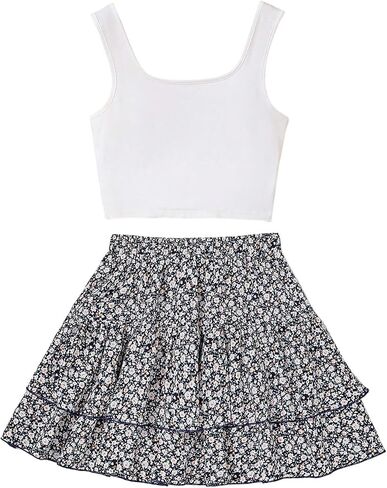 Girl's 2 Piece Outfits Lace Ruched Camisole Tops and Shirred High Waisted Layered Floral Skirts Set in Kuwait