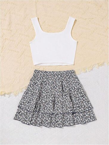 Girl's 2 Piece Outfits Lace Ruched Camisole Tops and Shirred High Waisted Layered Floral Skirts Set in Kuwait