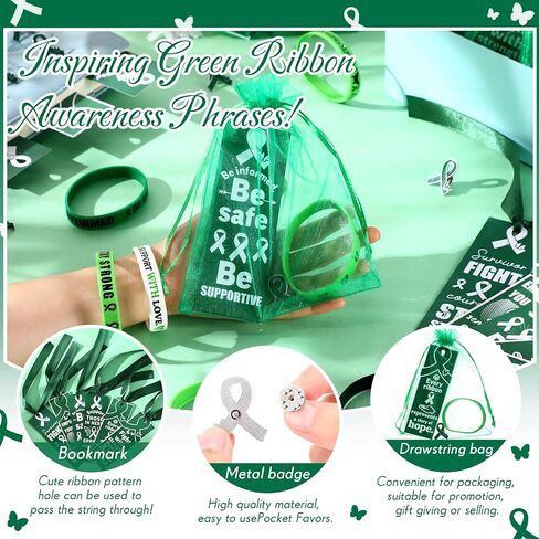 Xunyee 120 PCS الوعي بالصحة العقلية أساور معصم السيليكون مع دبابيس الوعي الأخضر الإشارات المرجعية لوازم الدعم العقلي للرجال للرجال الهدايا الخيرية (الأخضر) in Kuwait