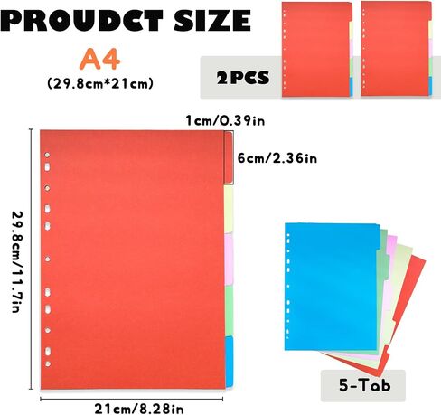 DY.2ten A4 Binder Dividers, 5 Tab Dividers, Pack of 2 Sets (10 Dividers Total), Paper Dividers, Multicolor Notebook Dividers for 6 Ring Binder, Binder Dividers with Tabs, Tab Dividers in Kuwait