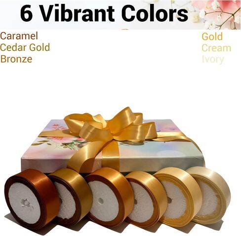 Kiran Collections-1-Inch x 60 Yards 6 Colors Brown Gold Satin Ribbon for Gift Wrapping Christmas Ribbon, Fabric Ribbon Baby Bows, Wedding Birthdays Party Decoration Crafting Ribbon, 10 Yards/Roll in Saudi Arabia