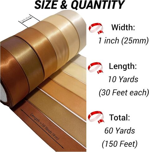 Kiran Collections-1-Inch x 60 Yards 6 Colors Brown Gold Satin Ribbon for Gift Wrapping Christmas Ribbon, Fabric Ribbon Baby Bows, Wedding Birthdays Party Decoration Crafting Ribbon, 10 Yards/Roll in Saudi Arabia