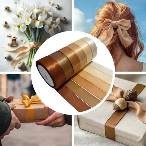 Kiran Collections-1-Inch x 60 Yards 6 Colors Brown Gold Satin Ribbon for Gift Wrapping Christmas Ribbon, Fabric Ribbon Baby Bows, Wedding Birthdays Party Decoration Crafting Ribbon, 10 Yards/Roll in Saudi Arabia