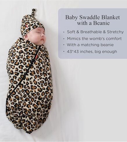 Unisex Baby Swaddle Receiving Blanket with Matching Beanie Set, Soft Bamboo-Derived Viscose, Hello Teddy in Saudi Arabia