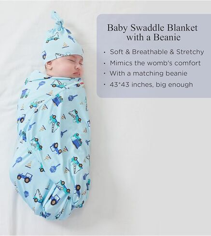 Unisex Baby Swaddle Receiving Blanket with Matching Beanie Set, Soft Bamboo-Derived Viscose, Hello Teddy in Saudi Arabia